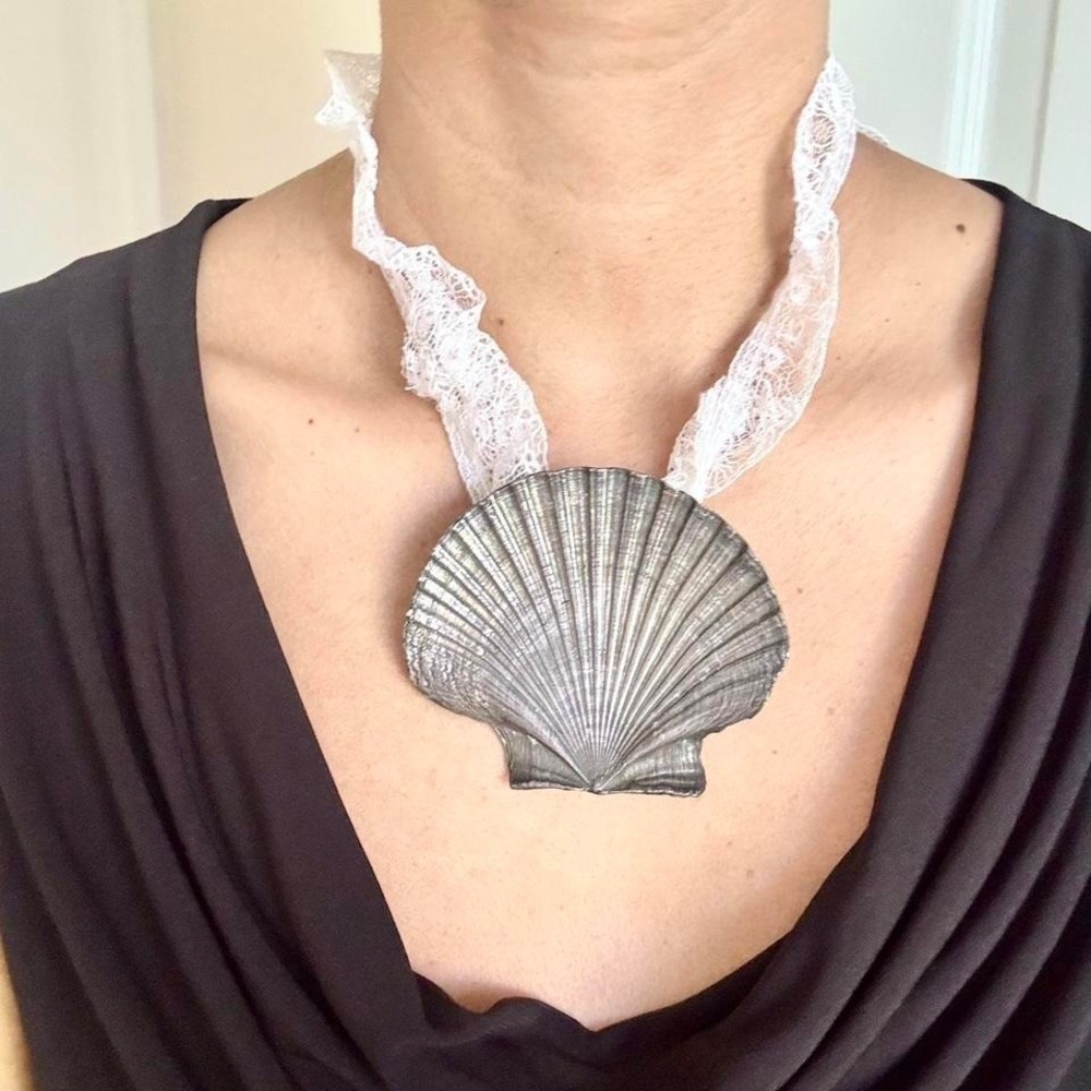 Vintage Silver Seashell Belt Buckle‎ / Pendant Large